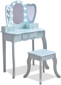 Teamson Kids Herzförmiger Schminktisch mit LED-Licht in Hellblau – Ideal für Mädchenzimmer, mit Spiegel und Stauraum