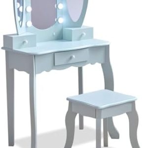 Teamson Kids Herzförmiger Schminktisch mit LED-Licht in Hellblau – Ideal für Mädchenzimmer, mit Spiegel und Stauraum