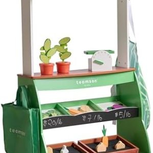 Teamson Kids Vermont Marktstand Spielset – Holz-Kaufladen mit 25 Teilen, Waage & Zubehör für kreatives Rollenspiel im Ki