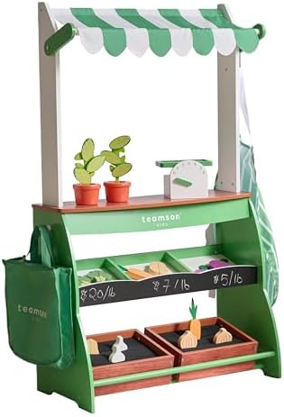 Teamson Kids Vermont Marktstand Spielset – Holz-Kaufladen mit 25 Teilen, Waage & Zubehör für kreatives Rollenspiel im Ki