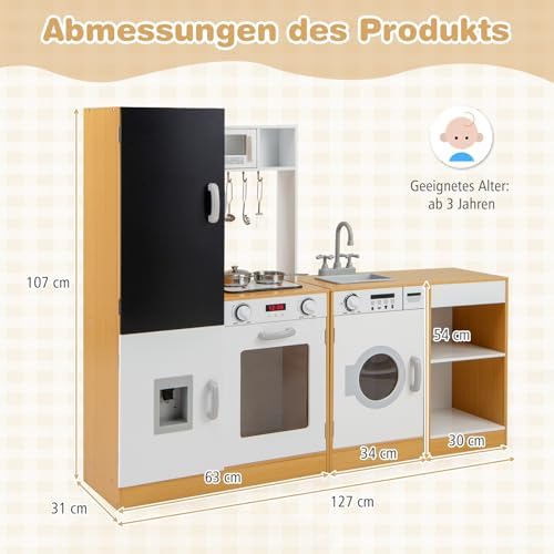 COSTWAY 3 in 1 Kinderküche mit Licht & Sound – Holzküche für kreatives Spielen ab 3 Jahren