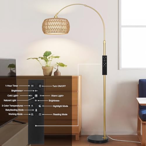 Bogenlampe Wohnzimmer im Boho-Stil mit Rattan-Schirm, dimmbar & fernbedienbar für Schlafzimmer und Büro, vintage Schwarz