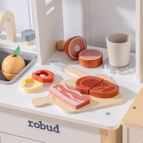 ROBUD Holz Lebensmittelset für Kinderküche – Spielküchen Zubehör mit Aufbewahrungstasche, ideale Geschenkidee ab 3 Jahre
