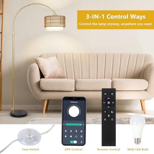 Bogenlampe Wohnzimmer im Boho-Stil mit Rattan-Schirm, dimmbar & fernbedienbar für Schlafzimmer und Büro, vintage Schwarz