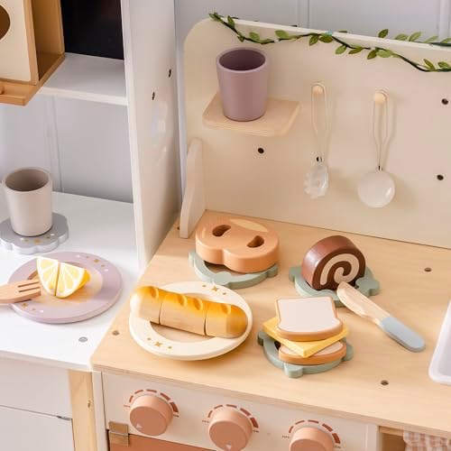 ROBUD Holz Lebensmittelset für Kinderküche – Spielküchen Zubehör mit Aufbewahrungstasche, ideale Geschenkidee ab 3 Jahre