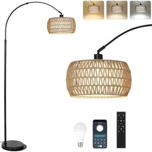 Bogenlampe Wohnzimmer im Boho-Stil mit Rattan-Schirm, dimmbar & fernbedienbar für Schlafzimmer und Büro, vintage Schwarz