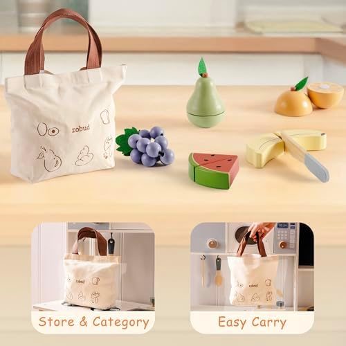 ROBUD Holz Lebensmittelset für Kinderküche – Spielküchen Zubehör mit Aufbewahrungstasche, ideale Geschenkidee ab 3 Jahre