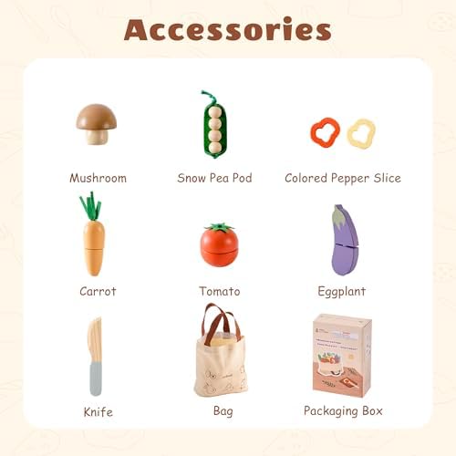 ROBUD Holz Lebensmittelset für Kinderküche – Spielküchen Zubehör mit Aufbewahrungstasche, ideale Geschenkidee ab 3 Jahre