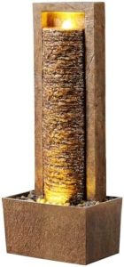 Teamson Home Garten Brunnen mit LED-Warmlicht und robustem Polyresin im schichtenförmigen Fels-Design