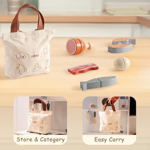 ROBUD Holz Lebensmittelset für Kinderküche – Spielküchen Zubehör mit Aufbewahrungstasche, ideale Geschenkidee ab 3 Jahre