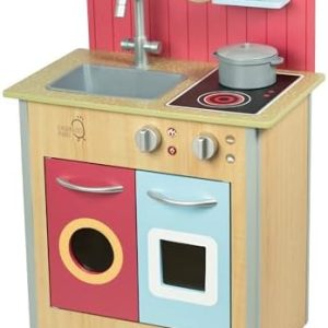 Teamson Kids Küche Klassisch aus Holz - Interaktive Little Chef Porto Holzküchen-Spielset für kreatives Spielen in Rot/N