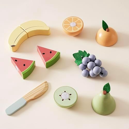 ROBUD Holz Lebensmittelset für Kinderküche – Spielküchen Zubehör mit Aufbewahrungstasche, ideale Geschenkidee ab 3 Jahre