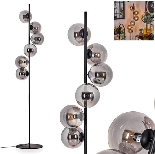 Stehleuchte Gastor – Moderne Retro-Stehlampe aus Metall/Glas in Schwarz/Rauchfarbe für stilvolle Wohnräume, Höhe 160 cm,