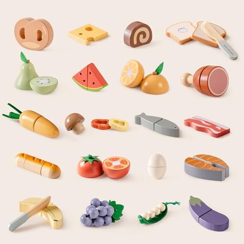 ROBUD Holz Lebensmittelset für Kinderküche – Spielküchen Zubehör mit Aufbewahrungstasche, ideale Geschenkidee ab 3 Jahre