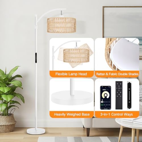 OUTON Rattan Stehlampe dimmbar für Wohnzimmer, Boho Bogenlampe mit App & Fernbedienung, 4 Farbtemperaturen, 12W LED Vint