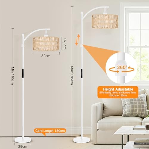 OUTON Rattan Stehlampe dimmbar für Wohnzimmer, Boho Bogenlampe mit App & Fernbedienung, 4 Farbtemperaturen, 12W LED Vint