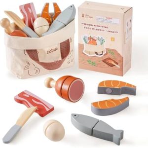 ROBUD Holz Lebensmittelset für Kinderküche – Spielküchen Zubehör mit Aufbewahrungstasche, ideale Geschenkidee ab 3 Jahre