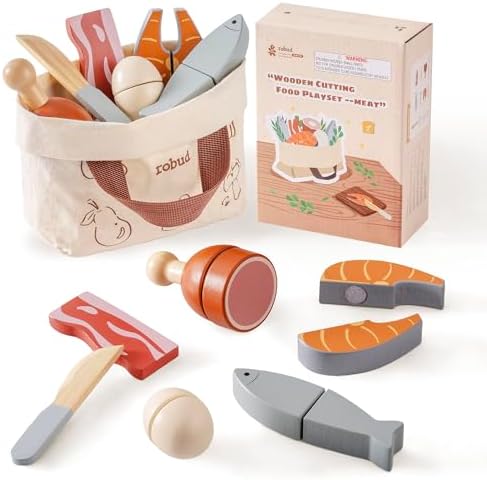 ROBUD Holz Lebensmittelset für Kinderküche – Spielküchen Zubehör mit Aufbewahrungstasche, ideale Geschenkidee ab 3 Jahre