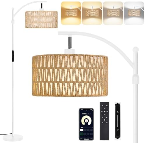 OUTON Rattan Stehlampe dimmbar für Wohnzimmer, Boho Bogenlampe mit App & Fernbedienung, 4 Farbtemperaturen, 12W LED Vint