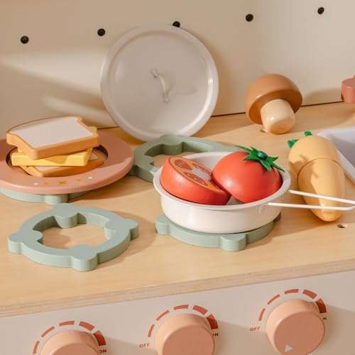 ROBUD Holz Lebensmittelset für Kinderküche – Spielküchen Zubehör mit Aufbewahrungstasche, ideale Geschenkidee ab 3 Jahre