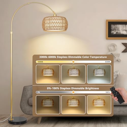 Bogenlampe Wohnzimmer im Boho-Stil mit Rattan-Schirm, dimmbar & fernbedienbar für Schlafzimmer und Büro, vintage Schwarz