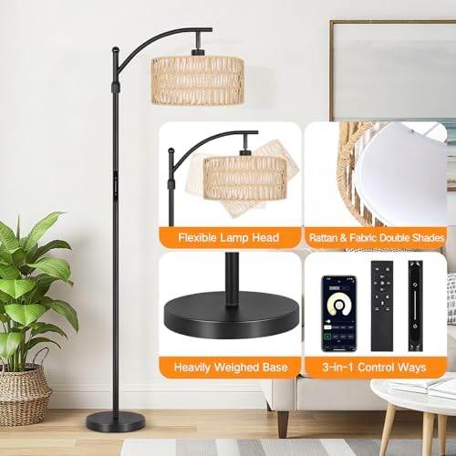 OUTON Rattan Stehlampe dimmbar für Wohnzimmer, Boho Bogenlampe mit App & Fernbedienung, 4 Farbtemperaturen, 12W LED Vint