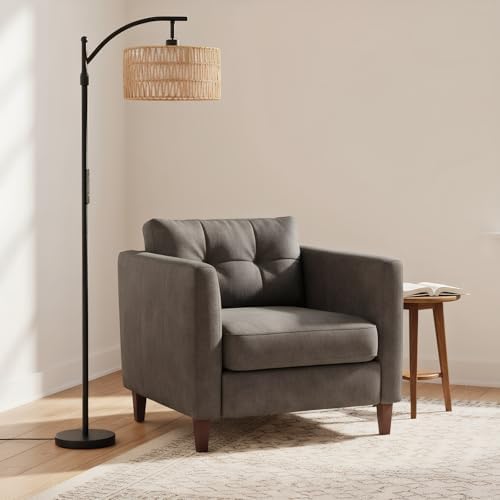 OUTON Rattan Stehlampe dimmbar für Wohnzimmer, Boho Bogenlampe mit App & Fernbedienung, 4 Farbtemperaturen, 12W LED Vint