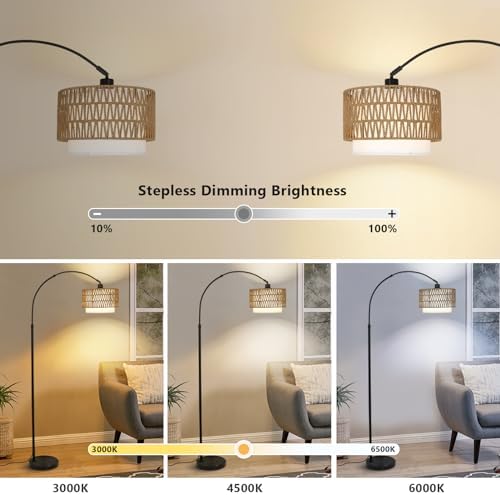 Bogenlampe Wohnzimmer im Boho-Stil mit Rattan-Schirm, dimmbar & fernbedienbar für Schlafzimmer und Büro, vintage Schwarz