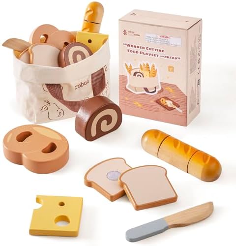 ROBUD Holz Lebensmittelset für Kinderküche – Spielküchen Zubehör mit Aufbewahrungstasche, ideale Geschenkidee ab 3 Jahre