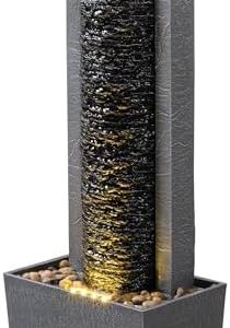 Teamson Home Garten Brunnen mit LED-Lichtern - Hoher Wasserfall aus robustem Polyresin, dunkles Design für entspannende