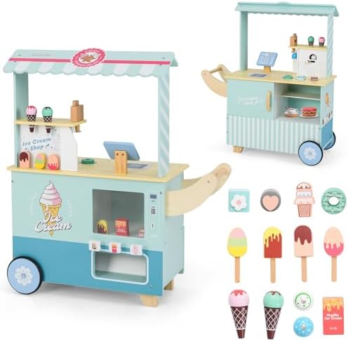 COSTWAY Kinder Eiswagen mit Eismaschine & Verkaufsautomat - Spielzeug Kaufladen für fantasievolles Spielen ab 3 Jahren (