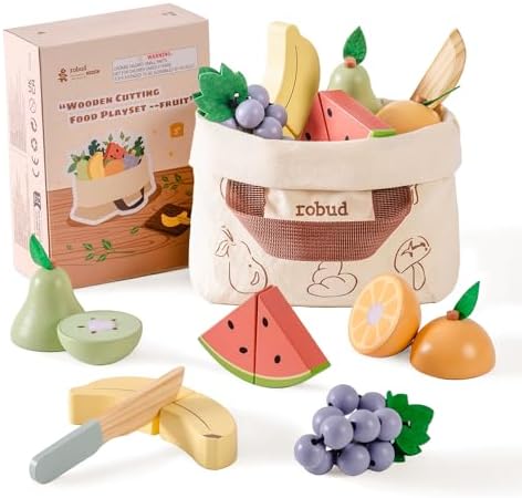 ROBUD Holz Lebensmittelset für Kinderküche – Spielküchen Zubehör mit Aufbewahrungstasche, ideale Geschenkidee ab 3 Jahre