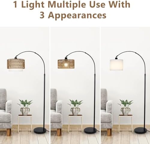 Bogenlampe Wohnzimmer im Boho-Stil mit Rattan-Schirm, dimmbar & fernbedienbar für Schlafzimmer und Büro, vintage Schwarz