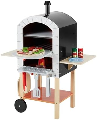 Teamson Kids Pizzaofen My Little Helper mit 24 Zubehörteilen, Grau/Natur – Spielvergnügen für kleine Köche!