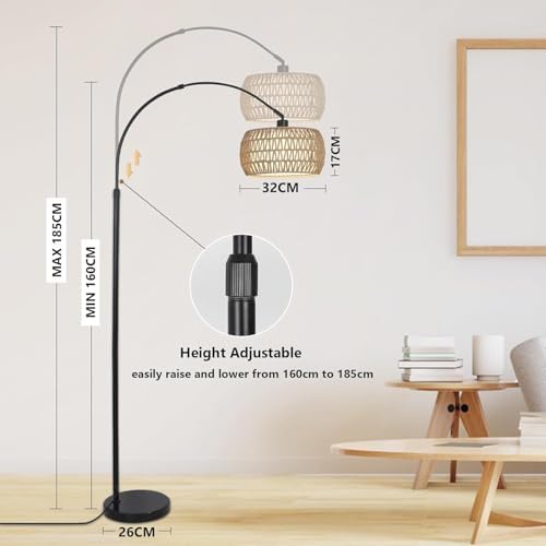 Bogenlampe Wohnzimmer im Boho-Stil mit Rattan-Schirm, dimmbar & fernbedienbar für Schlafzimmer und Büro, vintage Schwarz