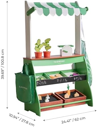 Teamson Kids Vermont Marktstand Spielset – Holz-Kaufladen mit 25 Teilen, Waage & Zubehör für kreatives Rollenspiel im Ki