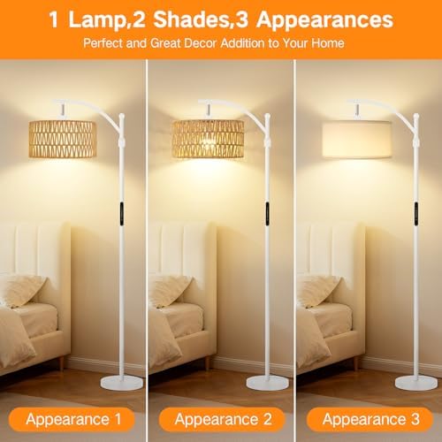 OUTON Rattan Stehlampe dimmbar für Wohnzimmer, Boho Bogenlampe mit App & Fernbedienung, 4 Farbtemperaturen, 12W LED Vint