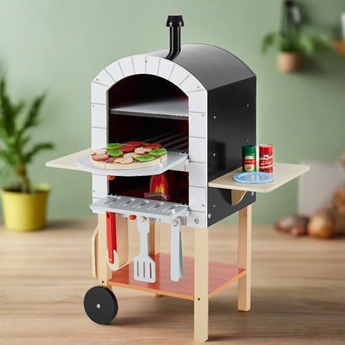Teamson Kids Pizzaofen My Little Helper mit 24 Zubehörteilen, Grau/Natur – Spielvergnügen für kleine Köche!