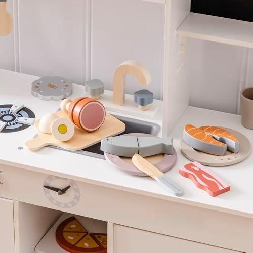 ROBUD Holz Lebensmittelset für Kinderküche – Spielküchen Zubehör mit Aufbewahrungstasche, ideale Geschenkidee ab 3 Jahre