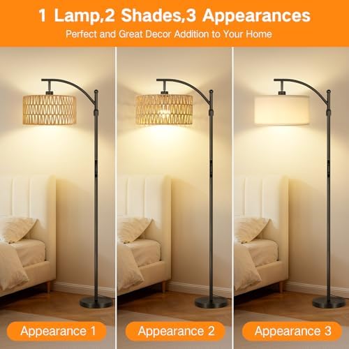 OUTON Rattan Stehlampe dimmbar für Wohnzimmer, Boho Bogenlampe mit App & Fernbedienung, 4 Farbtemperaturen, 12W LED Vint