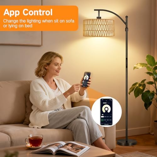 OUTON Rattan Stehlampe dimmbar für Wohnzimmer, Boho Bogenlampe mit App & Fernbedienung, 4 Farbtemperaturen, 12W LED Vint