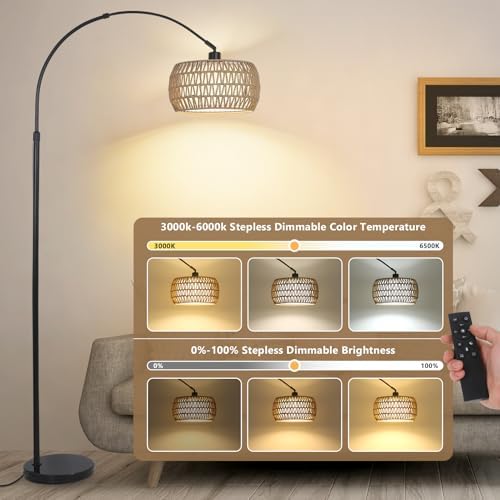 Bogenlampe Wohnzimmer im Boho-Stil mit Rattan-Schirm, dimmbar & fernbedienbar für Schlafzimmer und Büro, vintage Schwarz