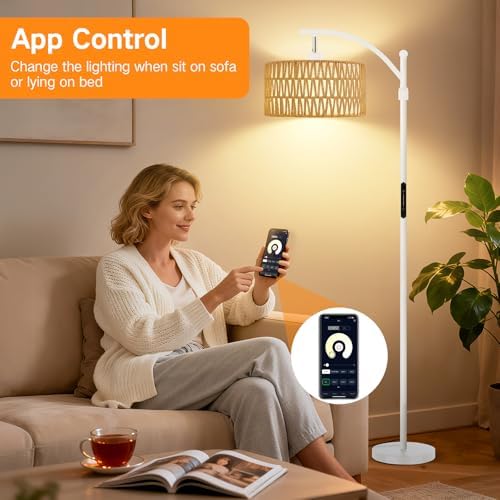 OUTON Rattan Stehlampe dimmbar für Wohnzimmer, Boho Bogenlampe mit App & Fernbedienung, 4 Farbtemperaturen, 12W LED Vint