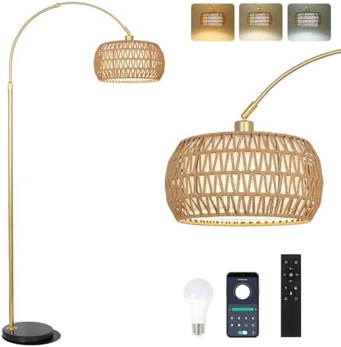 Bogenlampe Wohnzimmer im Boho-Stil mit Rattan-Schirm, dimmbar & fernbedienbar für Schlafzimmer und Büro, vintage Schwarz