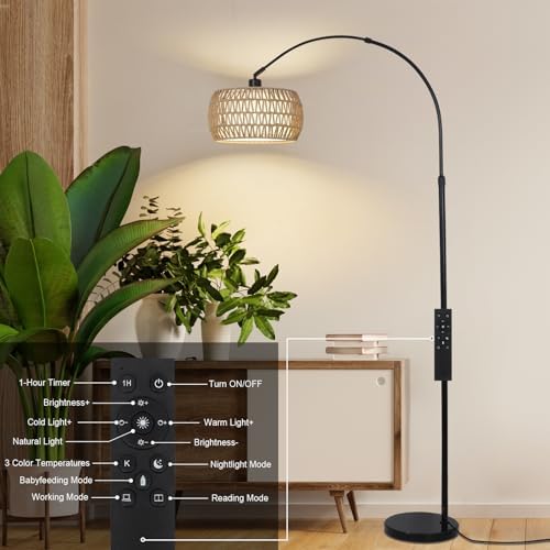 Bogenlampe Wohnzimmer im Boho-Stil mit Rattan-Schirm, dimmbar & fernbedienbar für Schlafzimmer und Büro, vintage Schwarz