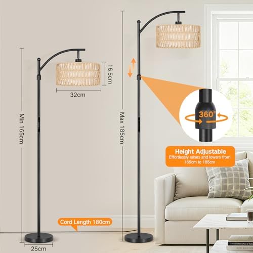 OUTON Rattan Stehlampe dimmbar für Wohnzimmer, Boho Bogenlampe mit App & Fernbedienung, 4 Farbtemperaturen, 12W LED Vint