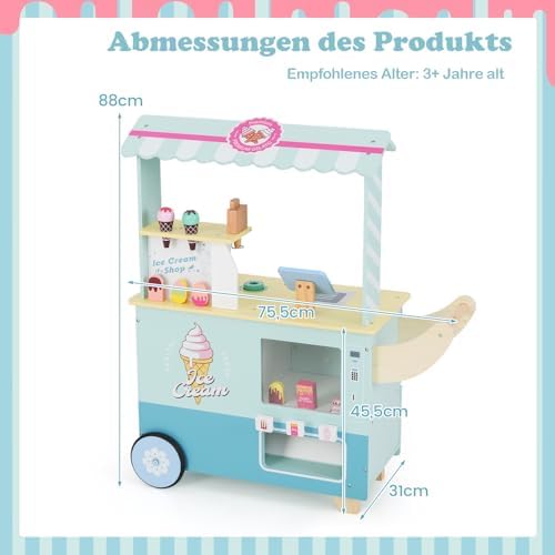 COSTWAY Kinder Eiswagen mit Eismaschine & Verkaufsautomat - Spielzeug Kaufladen für fantasievolles Spielen ab 3 Jahren (