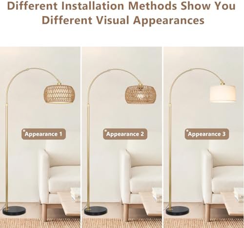 Bogenlampe Wohnzimmer im Boho-Stil mit Rattan-Schirm, dimmbar & fernbedienbar für Schlafzimmer und Büro, vintage Schwarz