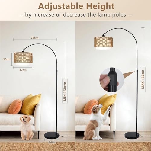 Bogenlampe Wohnzimmer im Boho-Stil mit Rattan-Schirm, dimmbar & fernbedienbar für Schlafzimmer und Büro, vintage Schwarz