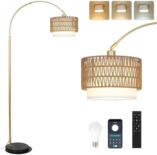 Bogenlampe Wohnzimmer im Boho-Stil mit Rattan-Schirm, dimmbar & fernbedienbar für Schlafzimmer und Büro, vintage Schwarz